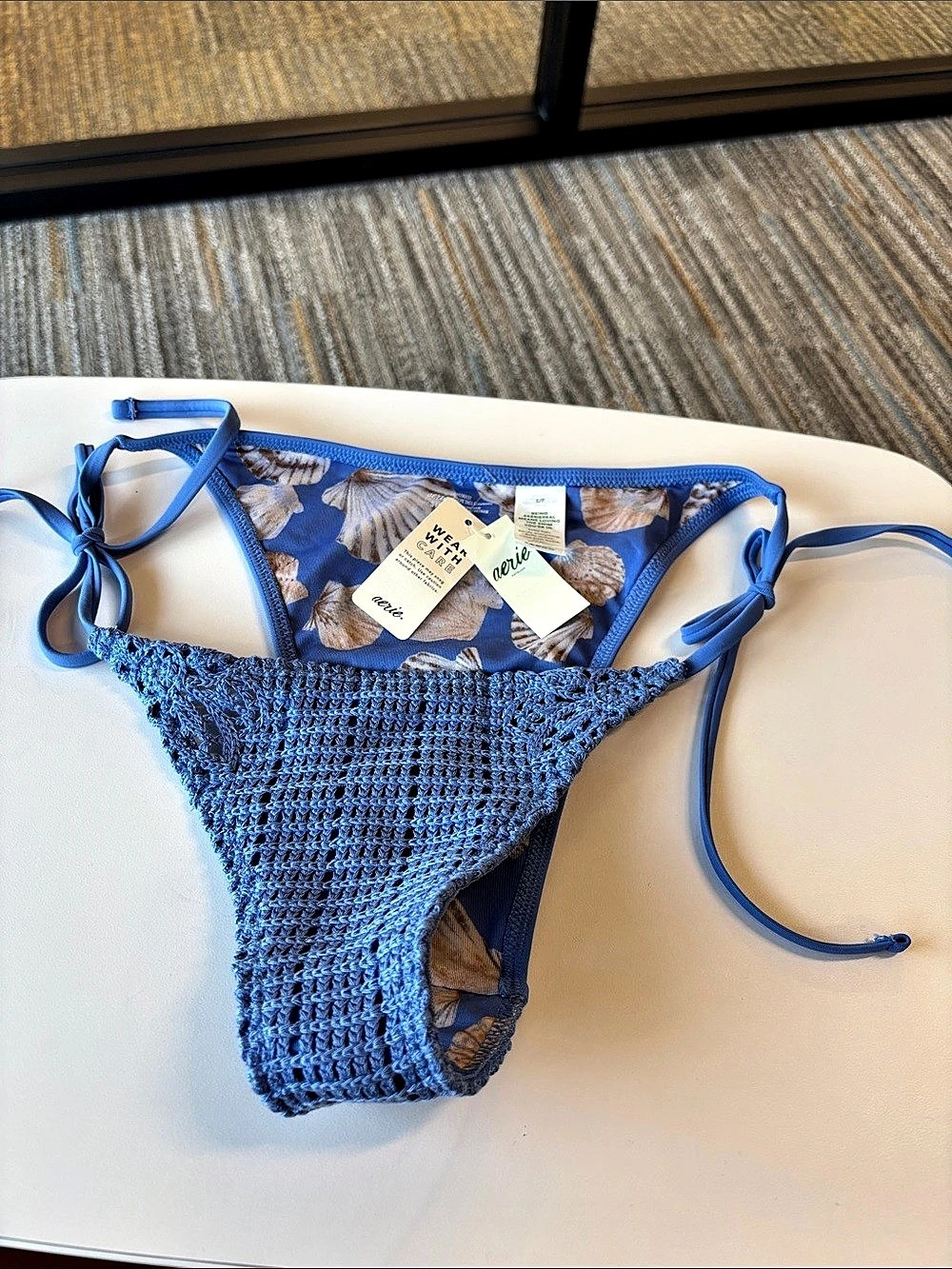 Aerie Crochet Cheekiest Tie Bikini Bottom Floral Blue Small